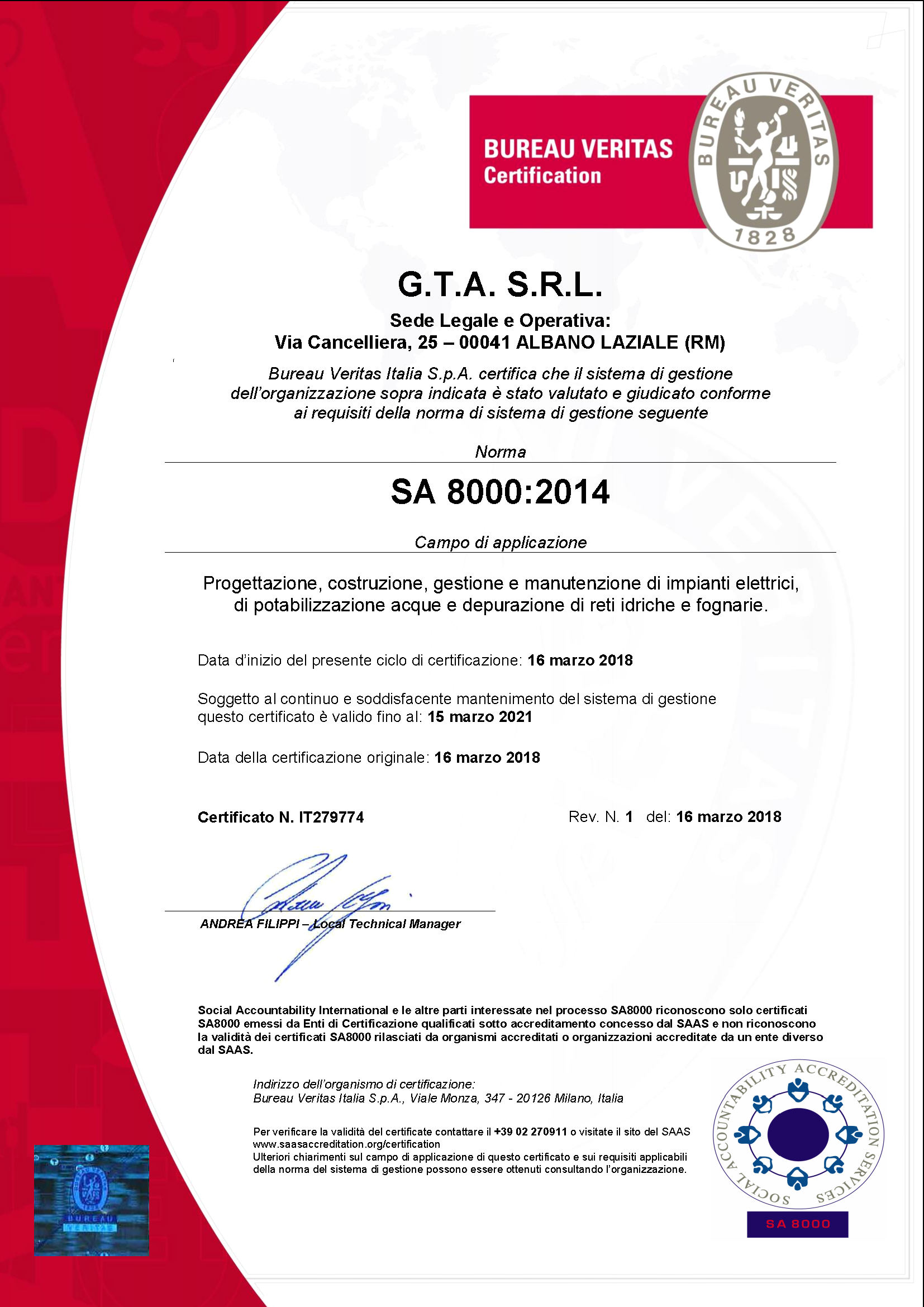 Certificato SA 8000:2014