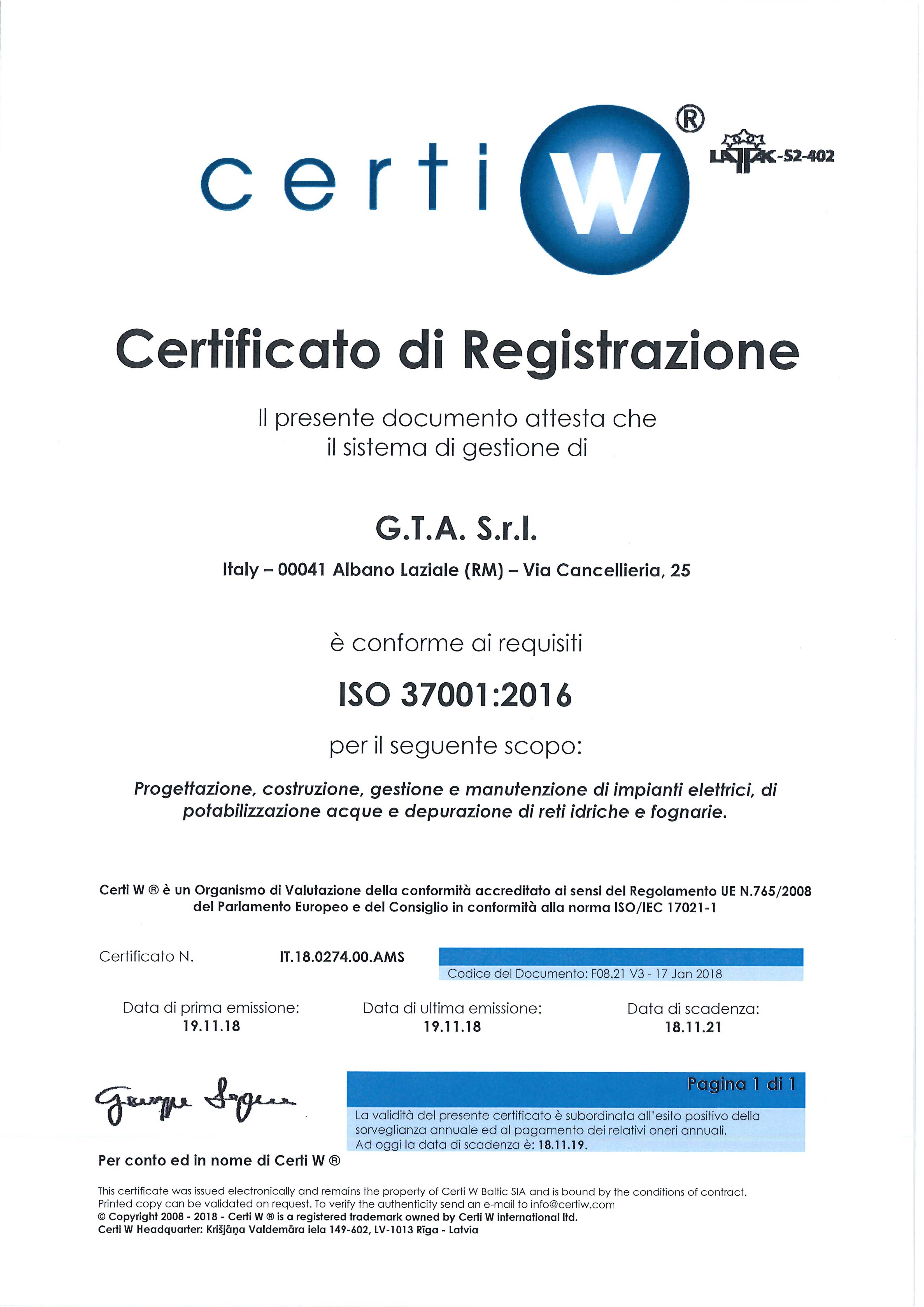Certificato ISO 37001:2016