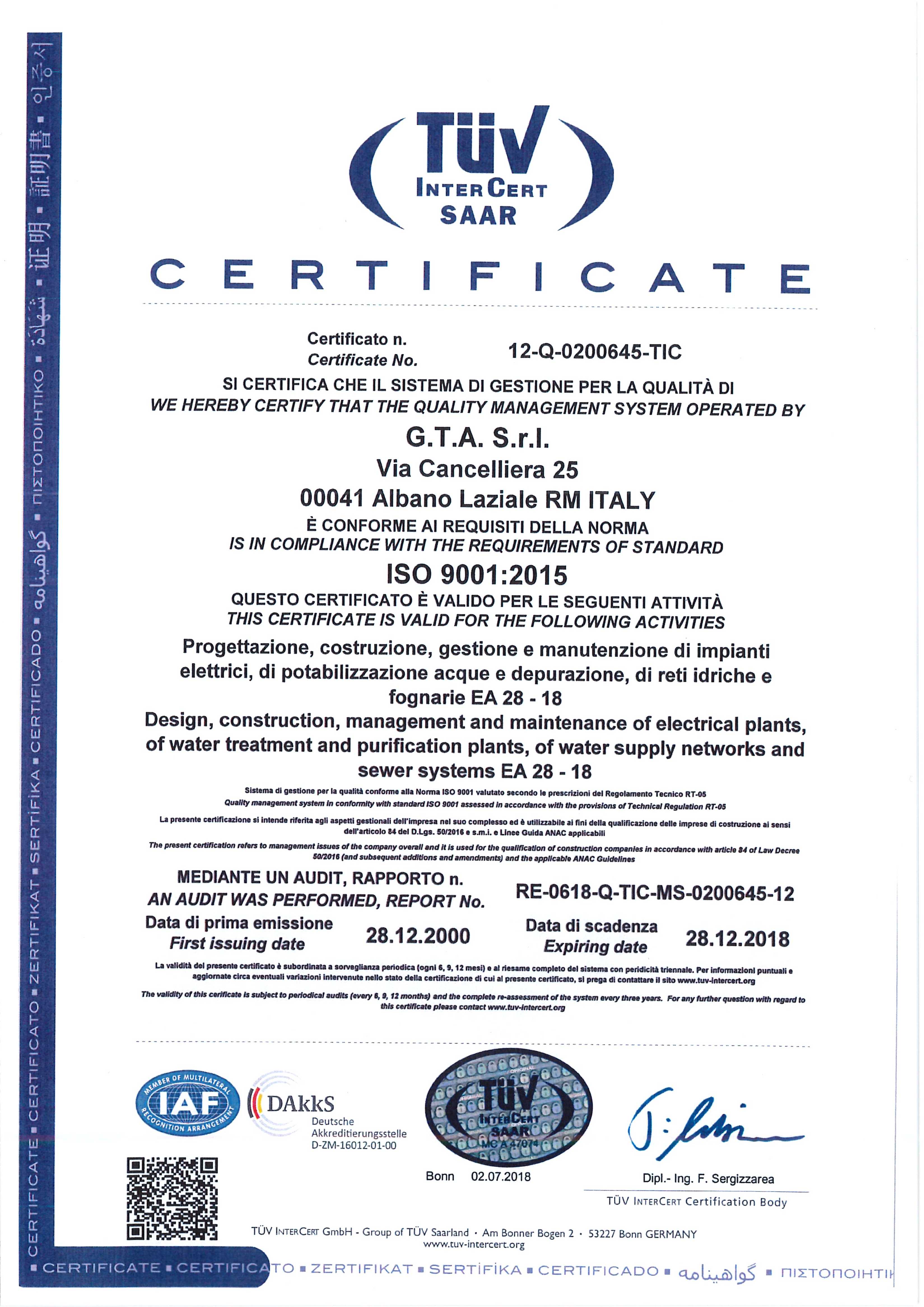 Certificato ISO 9001:2015